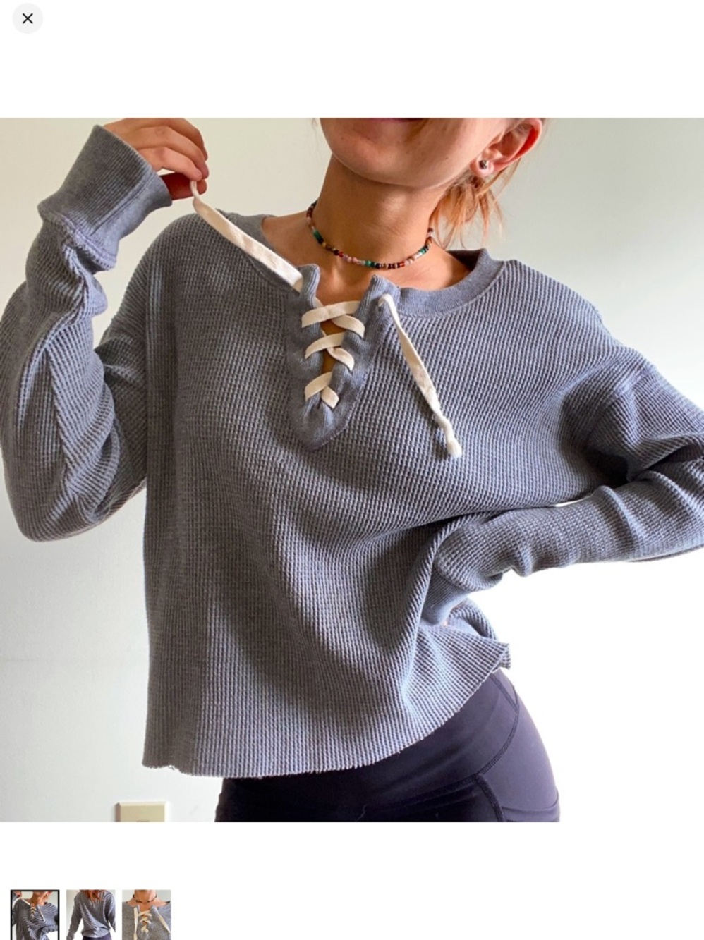 Abercrombie & Fitch Gray Waffle Lace-Up Pullover